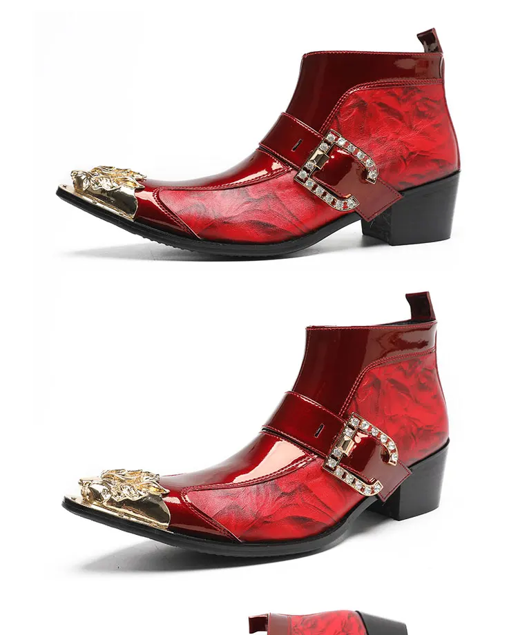 Frühlings-Herrenstiefel, rote Lederstiefel mit Nietenspitze, Modell, sozialer Kontakt, Erhöhung der Show, hochhackige Herrenstiefel aus Lackleder – Detail 7