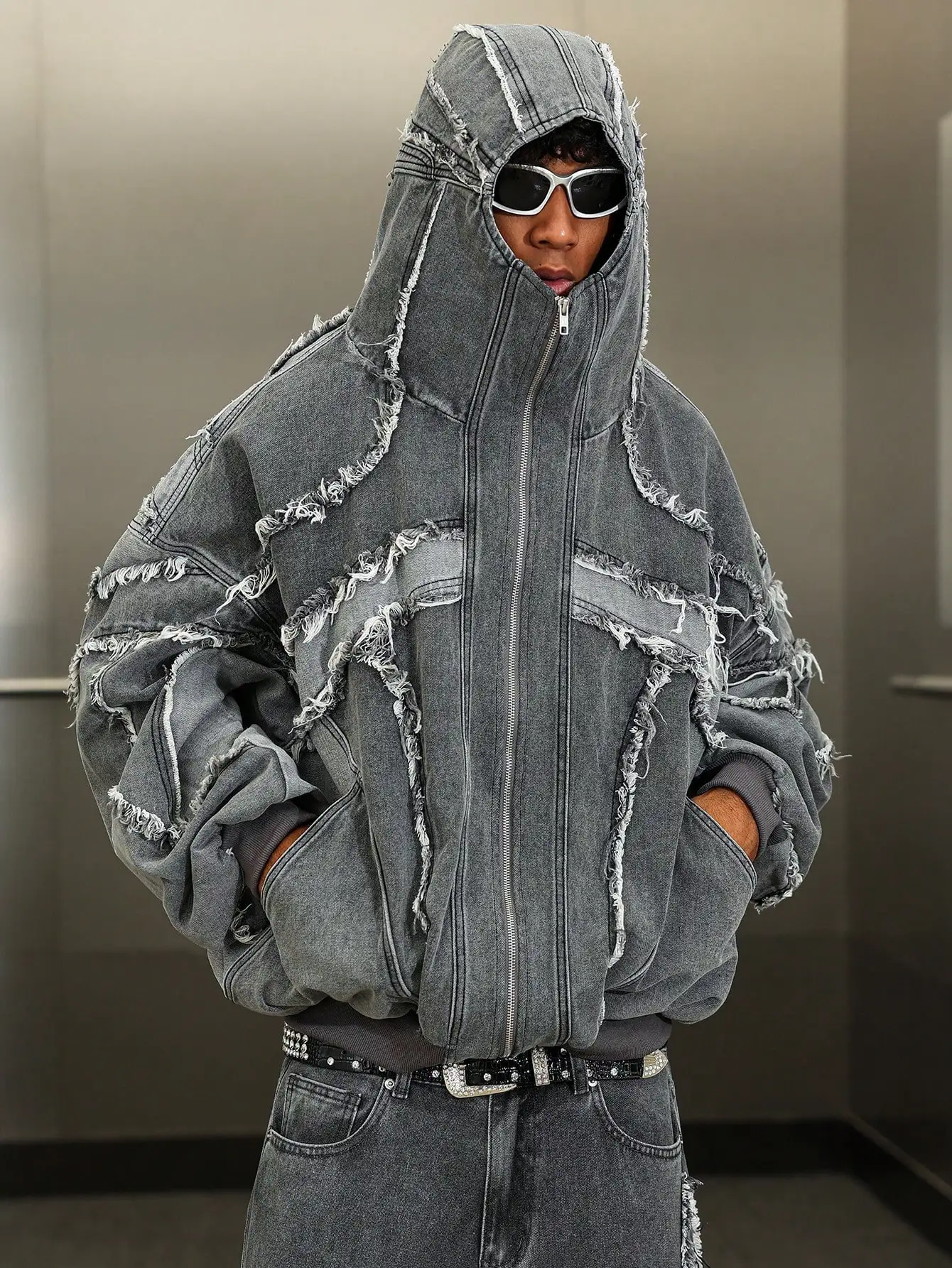 Men's Washed Distressed Deconstructed Denim Jacket, American Vintage Heavyweight Raw Edge Zip Hooded Coat