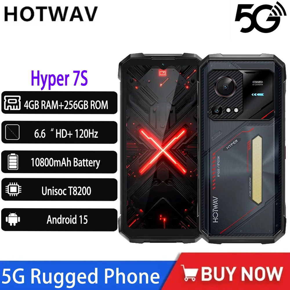 HOTWAV Hyper 7S 5G Rugged Phone 6.6“ HD+ 120Hz 4GB RAM+256GB ROM Unisoc T8200 IP68/IP69K 10800mAh 20W Android 15 NFC Smartphone