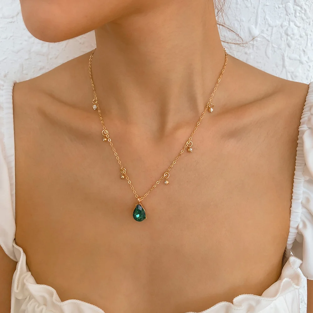 Fashion Gold-plate Thin Chain Crystal Green Water Drop Pendant Necklace For Women Female Vintage Cute Choker Jewelry Girl Gift