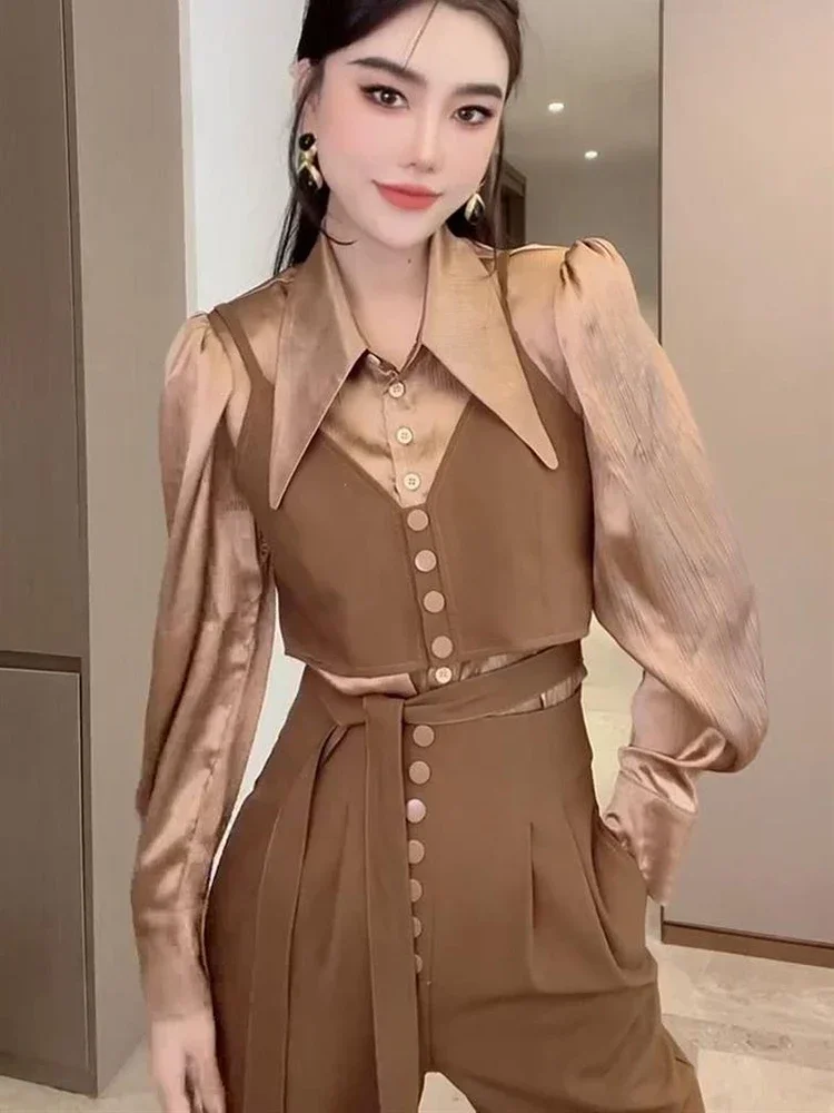 2024 Spring Women Elegant 3 Piece Sets Autumn Korean Fashion Shirts Female Tops High Waist Harem Pant Office Ladies y2k Suits