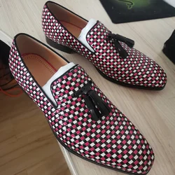 Mixed Colors Woven Pattern Men Tassel Loafers Patent Leather Shoes Men Dress Shoes Slip On Casual Flats Party Shoes