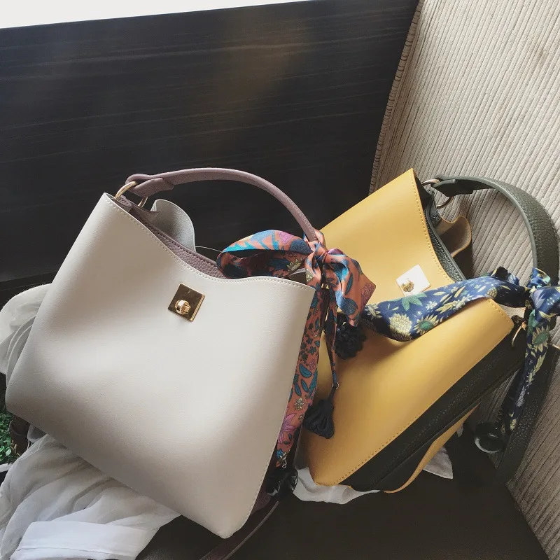 Bag female  new trendy fashion casual hit color bucket bag simple shoulder messenger bag silk scarf handbag hand bags