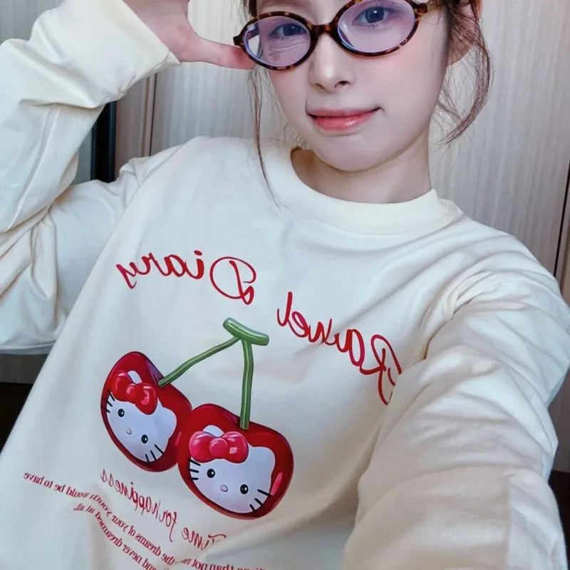 Sanrio Hello Kitty Cartoon Fun Cherry Print Top Pure Cotton Long Sleeved Autumn Versatile T-shirt Korean Version New Casual Tees