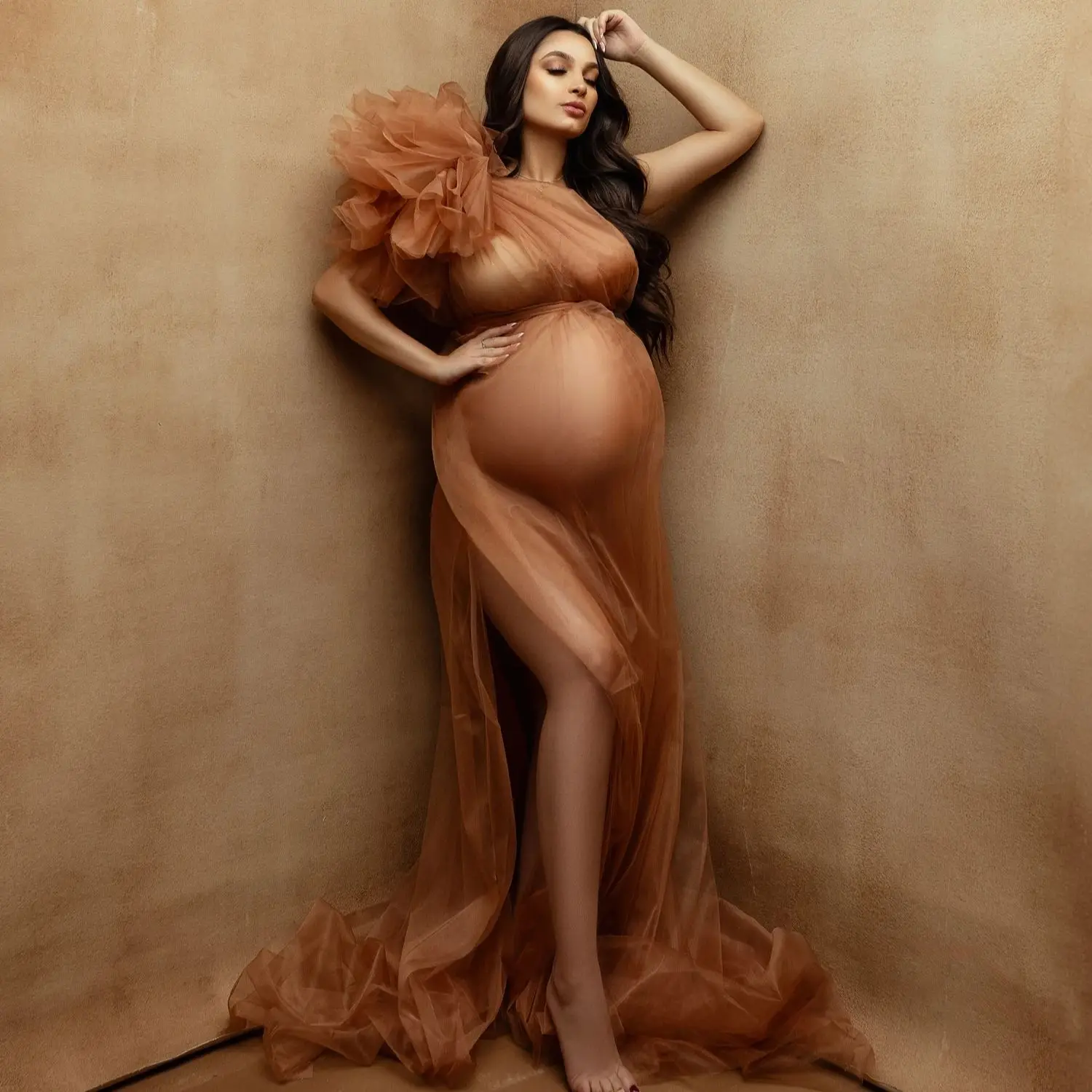 

Sexy Brown Evening Dresses for Pregnant Women One Shoulder Maternity Photoshoot Robes See Thru Floor Length Baby Shower Gowns