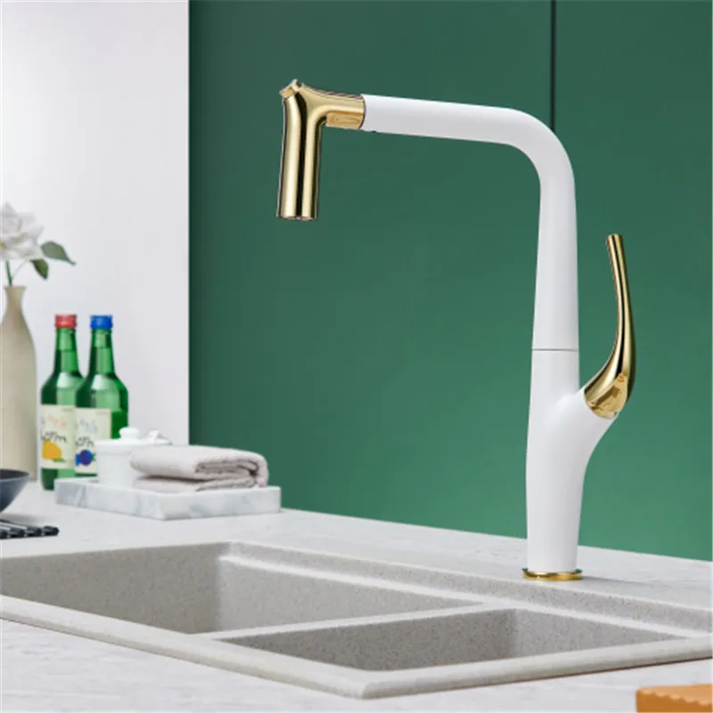 

White & Gold Kitchen Faucets Chrome Brass Pull Out Nozzle Sink Mixer Taps Hot & Cold Deck Mounted Single Handle Grey/Black/New