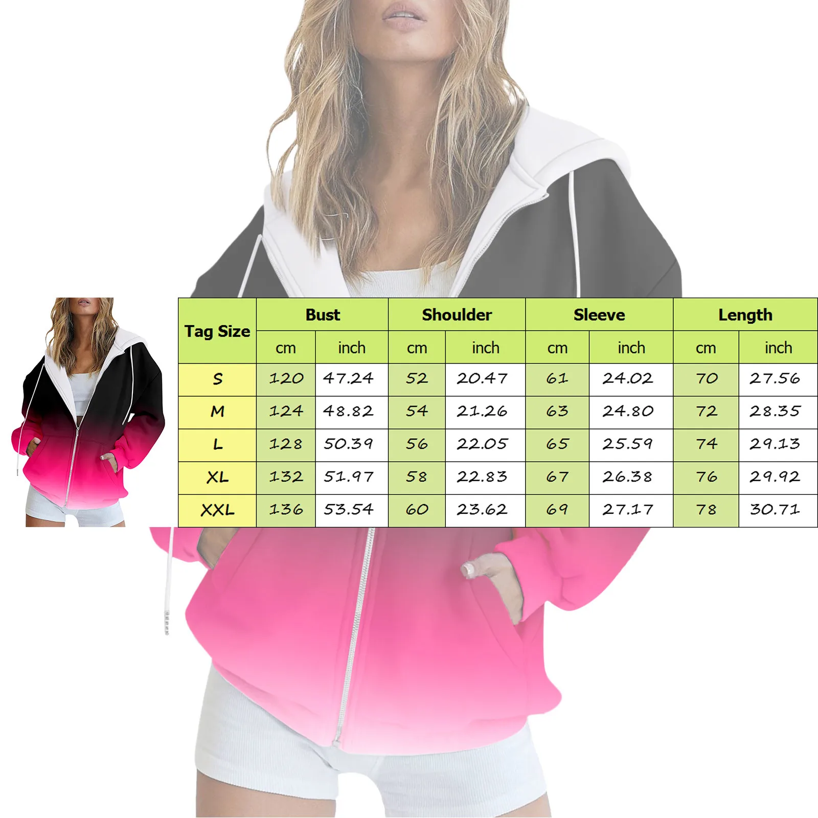 Gradientowa moda damska krótka kurtka Casual z kapturem i sznurkiem Kolorowa drukowana kurtka z kieszenią na zamek błyskawiczny Bluza streetwear