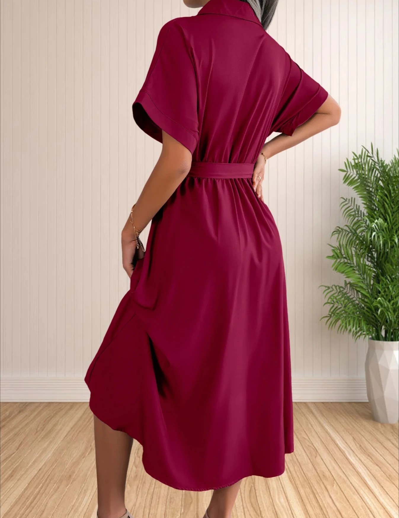 فستان نسائي بياقة صيفي كاجوال بأكمام قصيرة وأزرار أمامية وربطة عنق وخصر مكشكش وحاشية متوسطة الطول