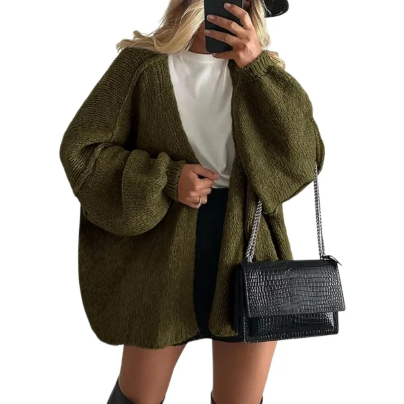 Classic Basic Women Loose Chunky Knit Cardigan Retro Open Front Lantern Long Sleeve Soft Warm Outwear Autumn Winter 2026 New