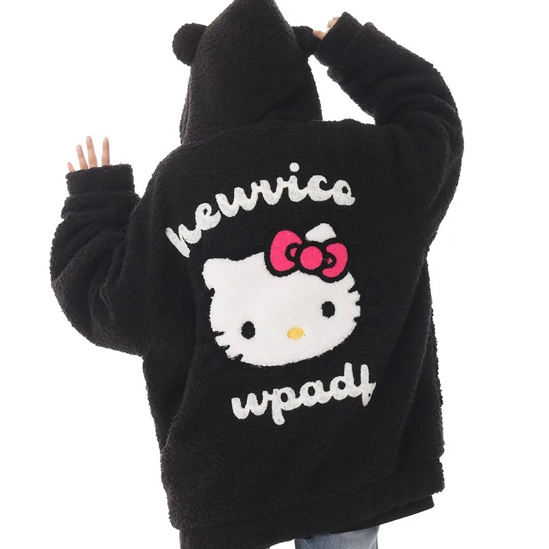 Sanrio Cartoon Hello Kitty Hooded Zipper Sweatshirt Lamb Wool Coat Girls Student Winter Loose Plush Thickened Warm Cotton Coats