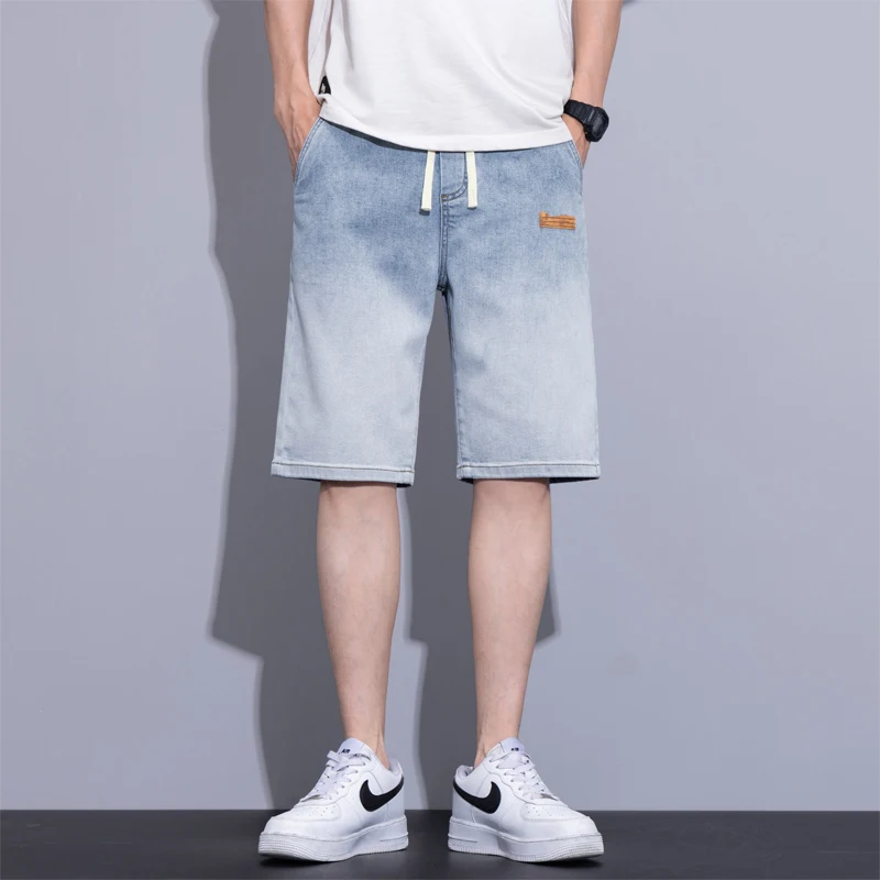 Summer Thin Men\'s Loose Denim Shorts Blue Elastic Straight-leg Fashionable Versatile Casual Jeans Shorts Male Classic Style