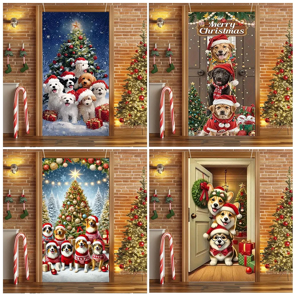 Weihnachten Niedlichen Welpen Corgis Tür Abdeckung Hintergrund Weihnachten Party Dekorationen Haustier Indoor Outdoor Veranda Fotografie Hintergrund Liefert