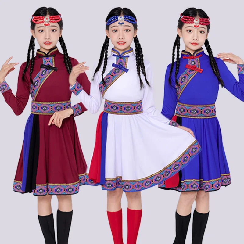 New children Mongolian costume chopsticks white horse dance performance costume top bowl dance national dance dress girl