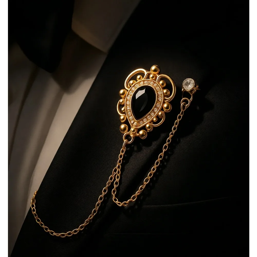 

Мужская брошь-булавка с каменной вставкой, гравированная металлическая брошь с кристаллами, аксессуар для костюма, золотисто-черная