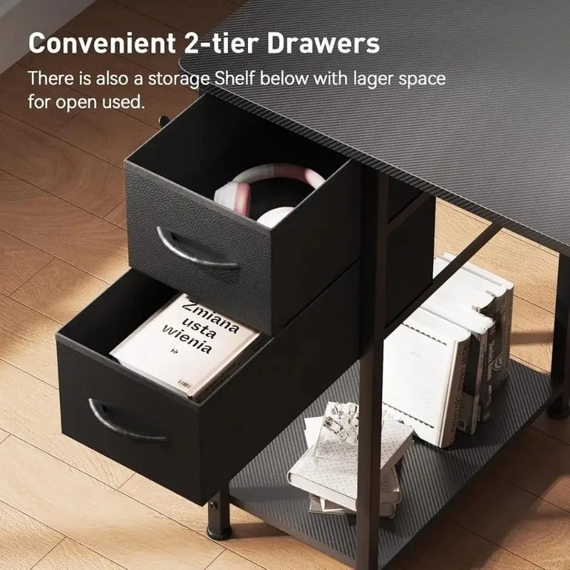 مكتب ألعاب مع أدراج، مكتب كمبيوتر على شكل حرف L من ألياف الكربون متوافق مع طاولة ألعاب مكتبية بذراع الشاشة