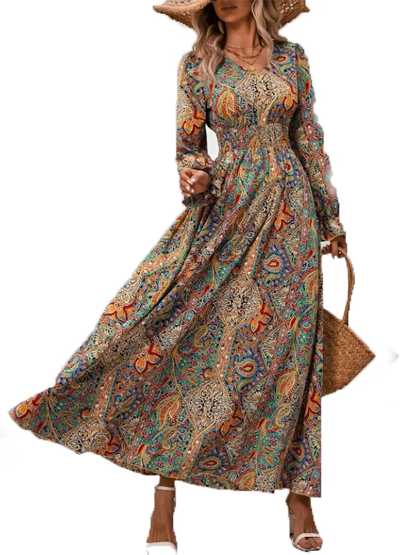 เดรสยาวพิมพ์ลายหัวใจทรงวีเข้ารูป ดีไซน์ใหม่สไตล์เรโทรลายดอกไม้ ช่วยกระชับเอว