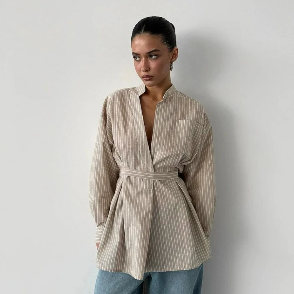 

Vintage Loose Brown Stripe Women Shirts 2025 Fashion Stand Collar Long Sleeve Shirt Elegant Classic Top Female ClothingV-neck
