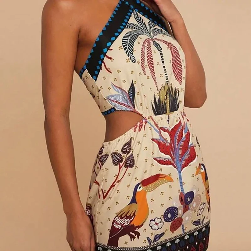 2025 elegante sem costas rendas vestido curto sexy sem mangas halter bohe mini vestido feminino moda padrão impressão magro a linha vestido