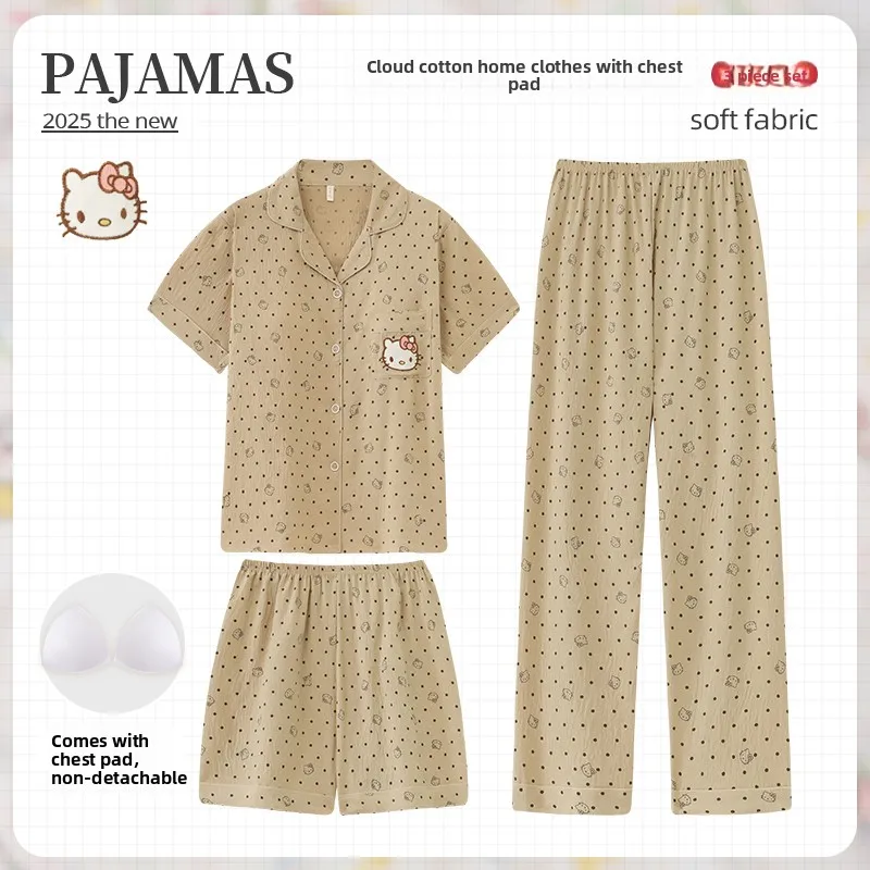 Летние женские пижамы Hello Kitty с милыми лацканами и рисунком для девочек, домашняя одежда