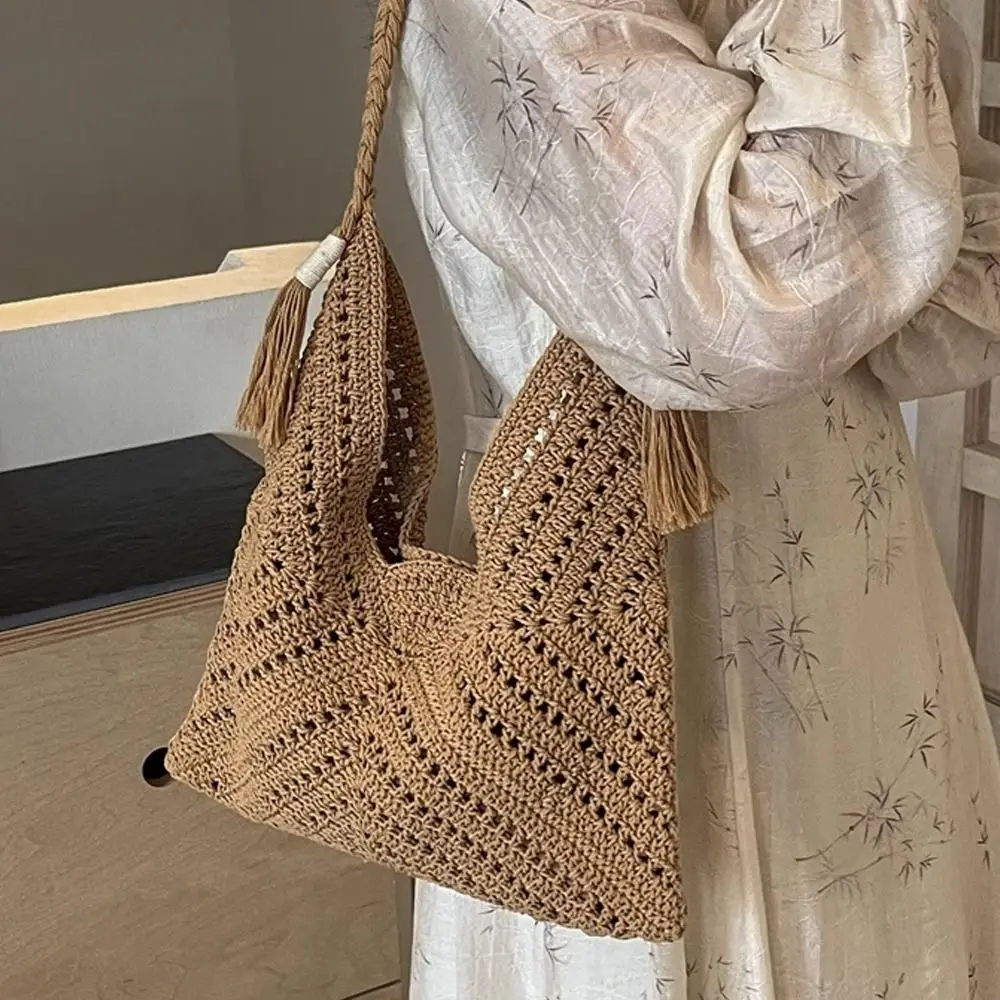 Handmade Crochet Cotton Bag Stylish Hollow Square Woven Look Hollow Square Flower Bag Hollowed Out Pattern