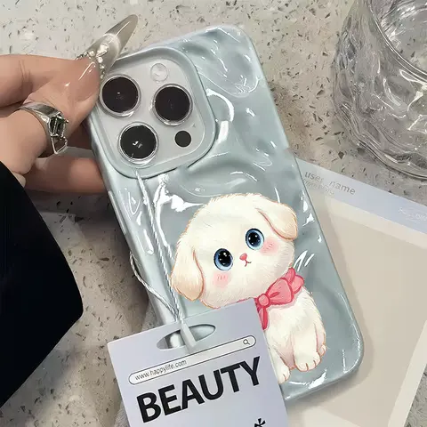 White Puppy with Pink Bow Phone Case for iPhone 18 Pro/18 Pro Max, 17/17 Air/17 Pro/17 Pro Max, 16/16 Plus/16 Pro/16 Pro Max, 15/15 Plus/15 Pro/15 Pro Max, 14/14 Plus/14 Pro/14 Pro Max, 13/13 Pro/13 Pro Max, 12/12 Pro/12 Pro Max, 11/11 Pro Max