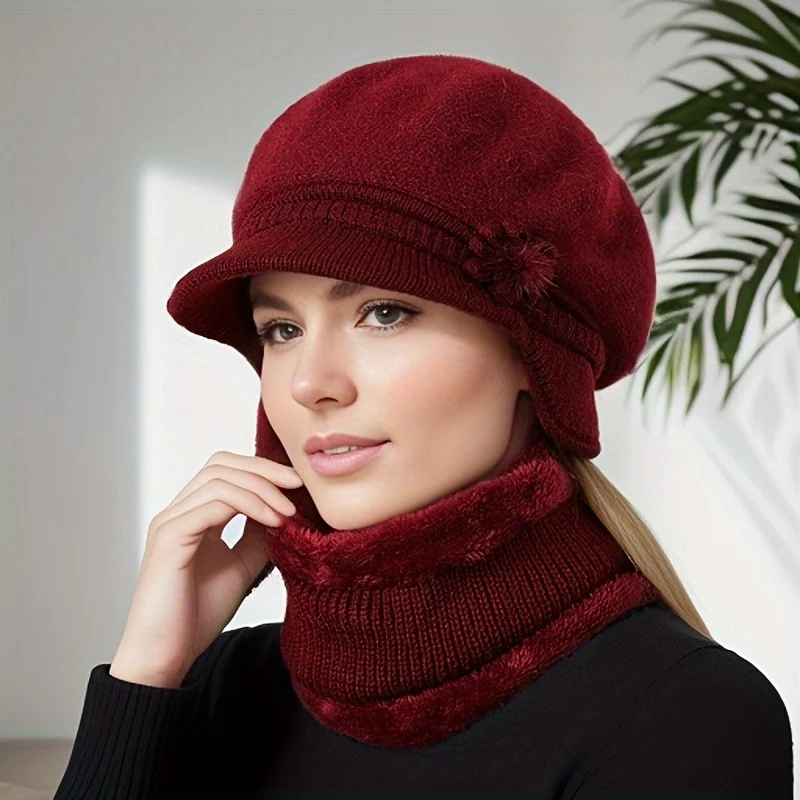 Комплект из 2 зимних шапок и шарфов для пожилых женщин и мам — ветрозащитные теплые наушники, шапки-бини и утеплители для шеи