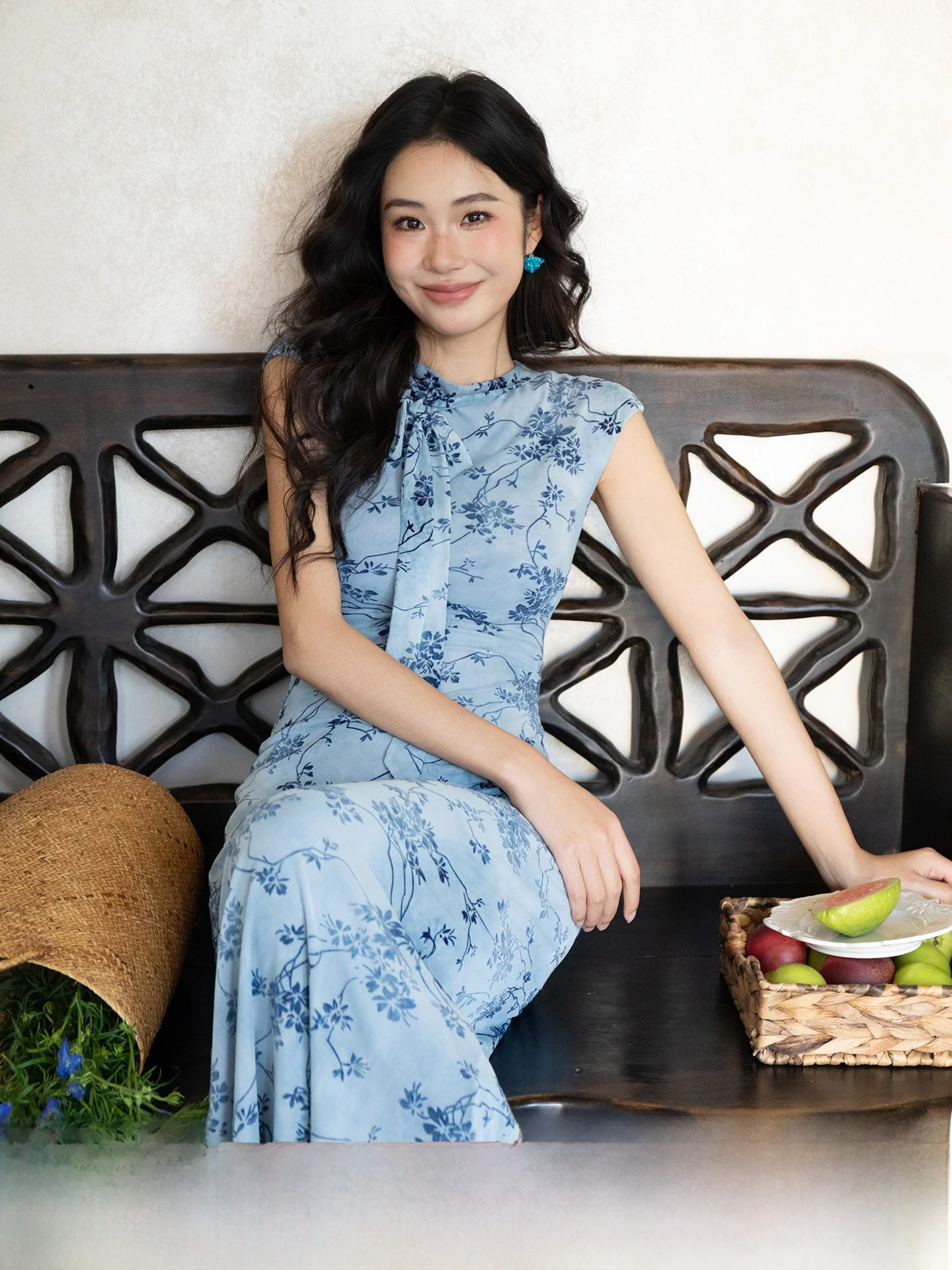 

Синее эластичное сетчатое платье миди с завышенной талией для офиса, во французском стиле, женское, с круглым вырезом, без рукавов, А-силуэт