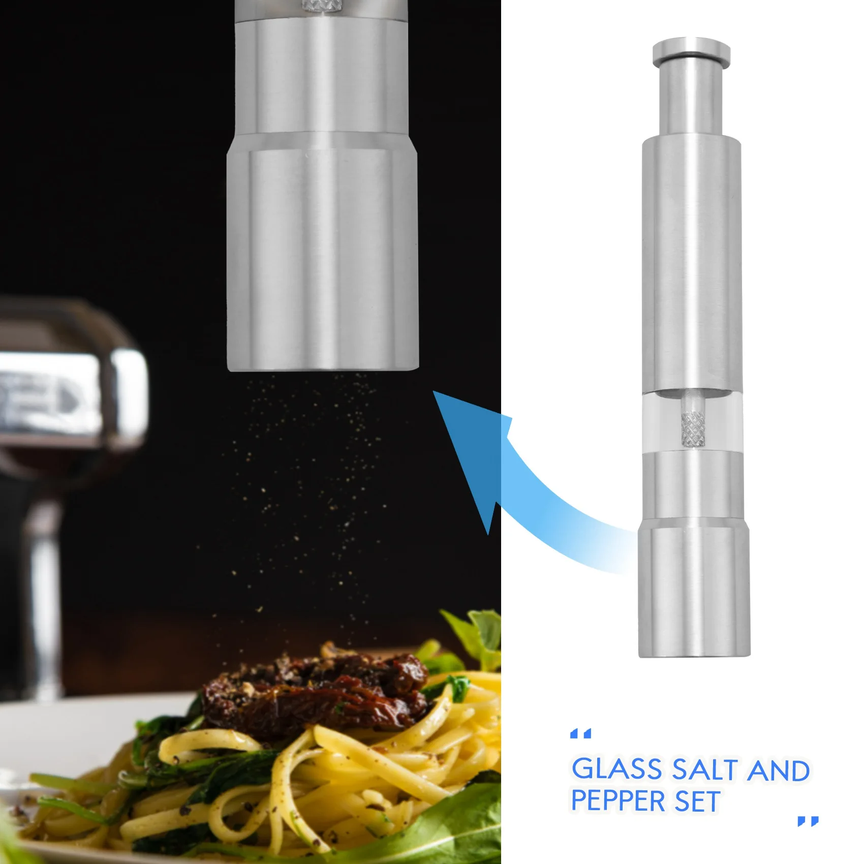 Salt and Pepper Grinder Set of 2 Pepper Mill Stainless Steel Salt Shaker Push-Button Manual Glass Salt and Pepper Set