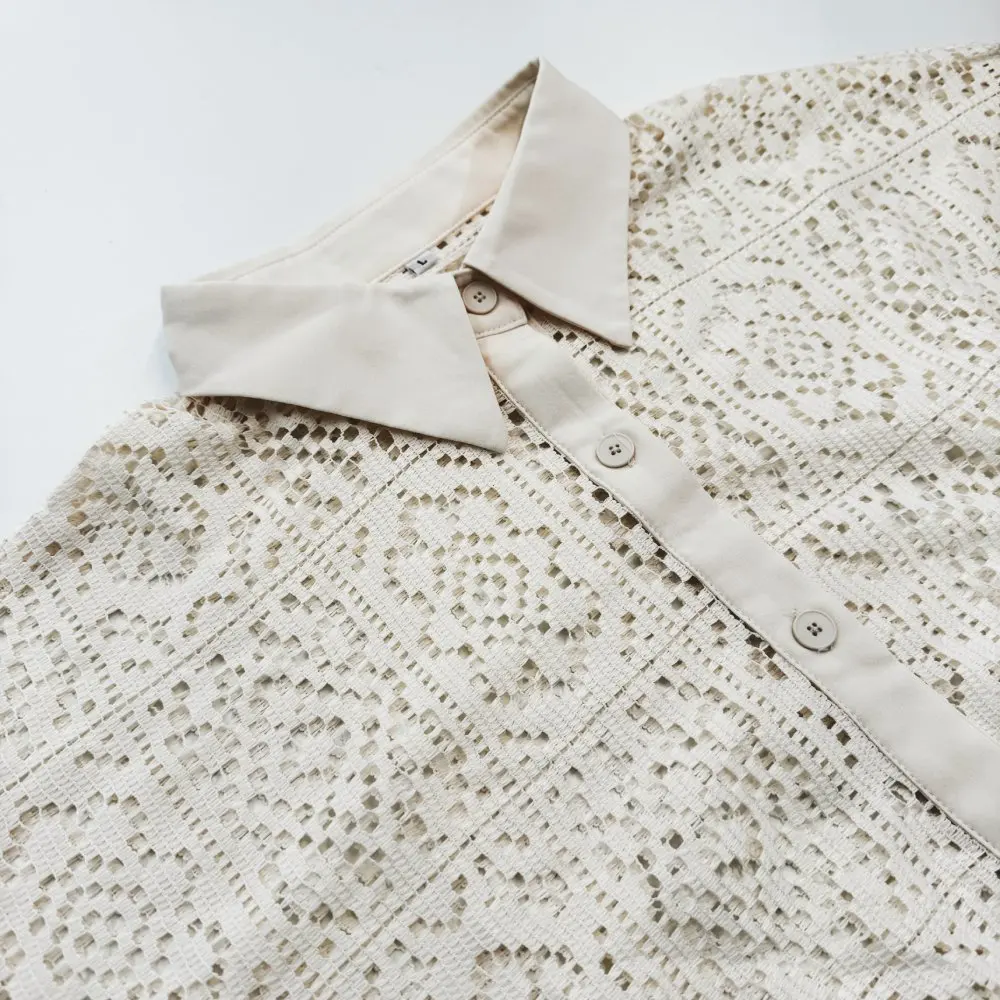 Damska koszula z klapami z guzikami Elegancka koronkowa bluzka z długim rękawem Moda Seksowna bluzka oversize 2025