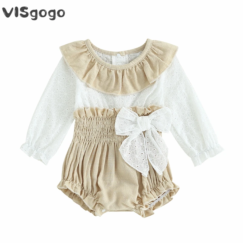 

VISgogo 0-18M Infant Girl Rompers Patchwork Hollow-Out Lace Doll Collar Long Sleeve Jumpsuits Baby Girl Fall Cute Clothes