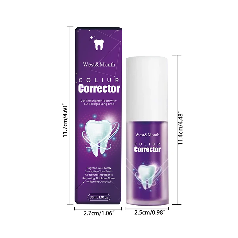 Creme dental branqueador roxo, remove manchas, reduzir amarelamento, cuidar das gomas dentárias, clareamento da respiração fresca, 30ml