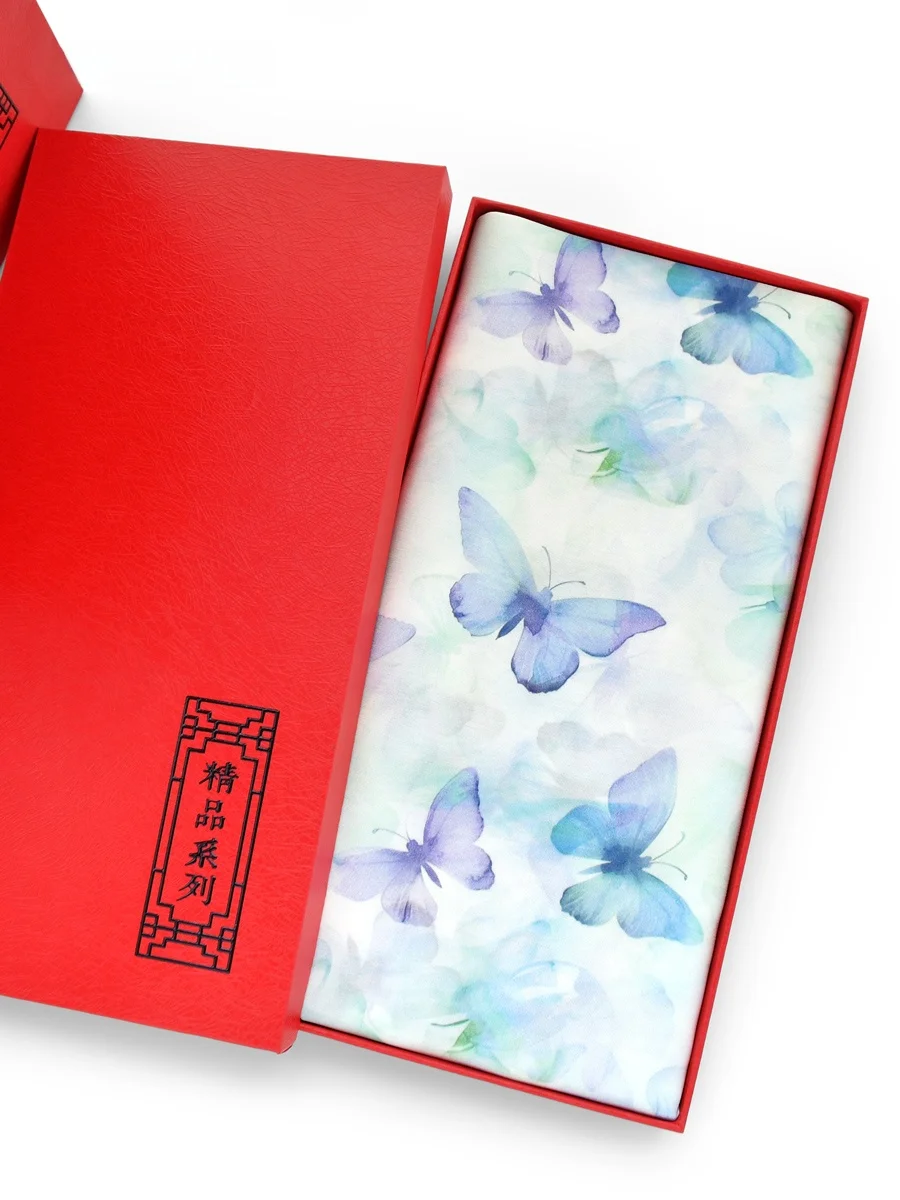 エレガントな蝶柄シルクスカーフ-本物のシルク-マルベリーシルク-スクエアスカーフ-ギフトボックス入り-民族風-小さな贈り物-旅行のお土産に