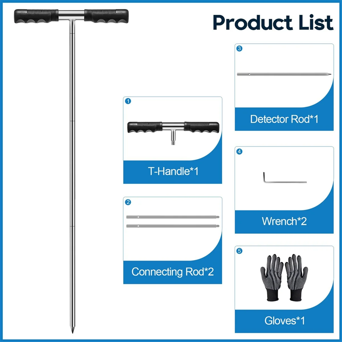 Solid Stainless Steel Soil Probe Rod, Adjustable 17-32-48 Inch, Septic Tank Probe Rod, Ground Probe with T-Handle