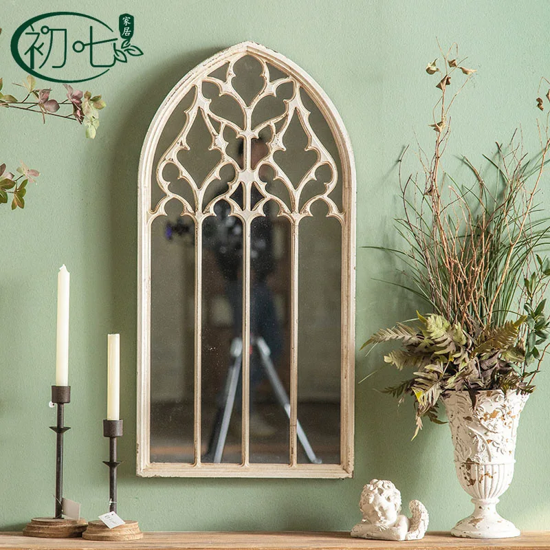 French retro wall wall hanging mirror, living room solid wood carving flower wall decoration fitting mirror, clothing store crea