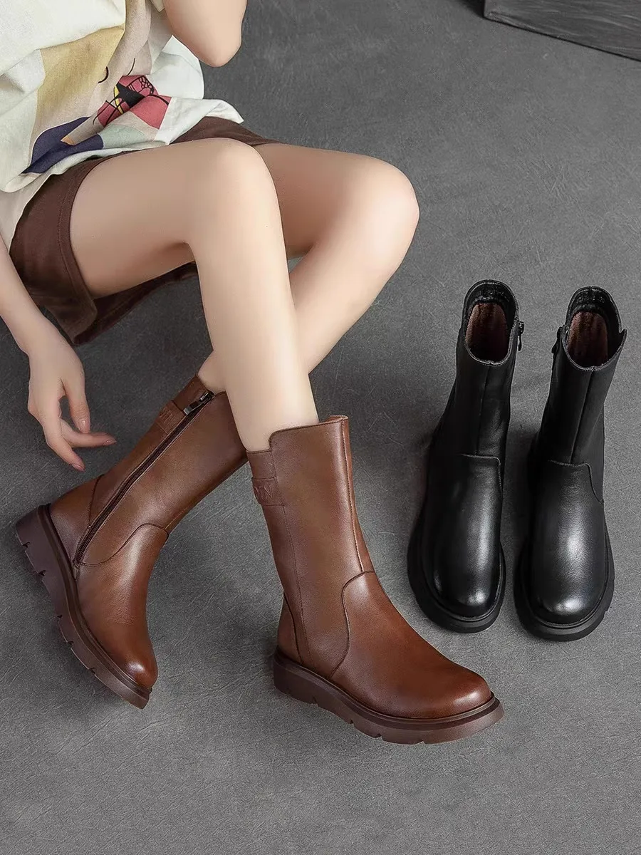 Leather  Boots Women's Mid-Calf Fce Lined Flat Bot Anti-Slip Faion Boots Winter New Sle Soft Bot Women's S...