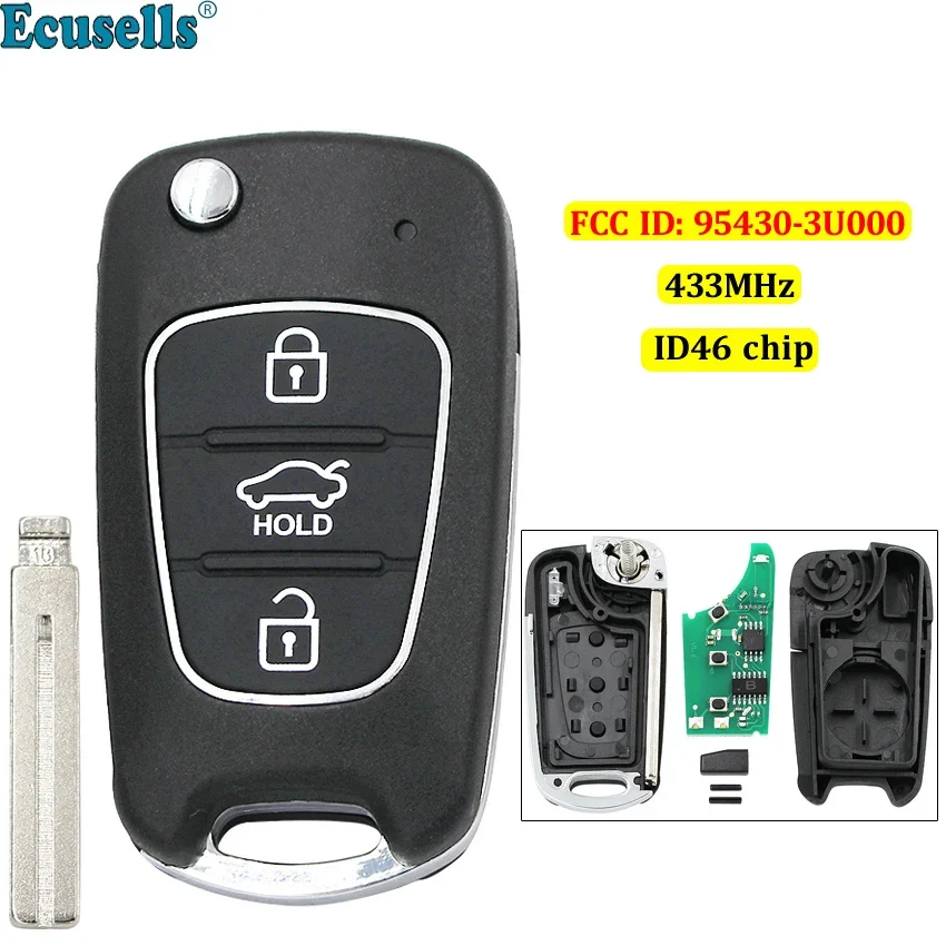 

Upgraded 3 Buttons Flip Remote Key Fob 433MHz ID46 Chip for Kia Sportage 2010-2014 FCC ID: 95430-3U000