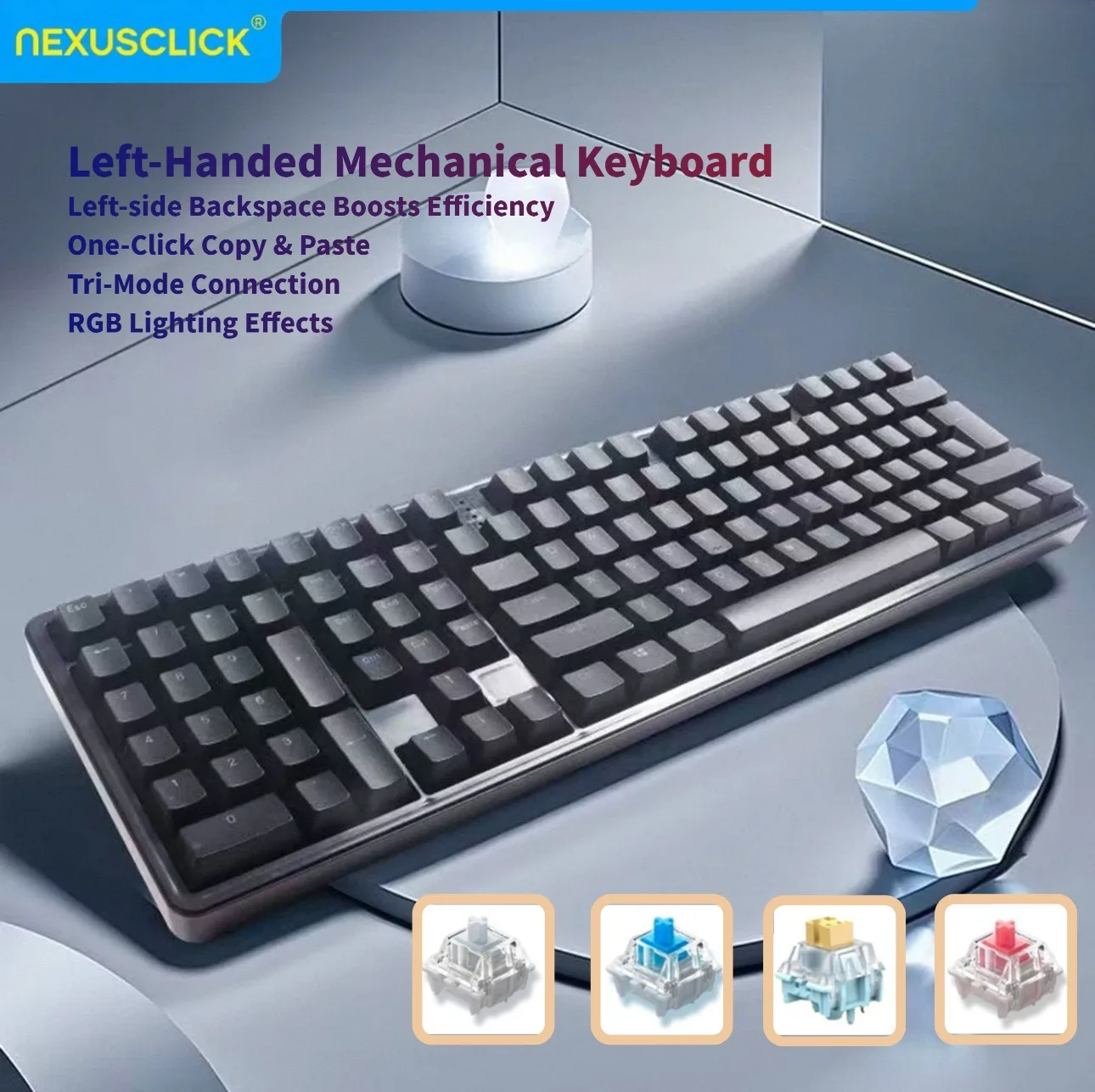Teclado Mecânico Ergonômico NexusClick para Canhotos, Teclado Numérico Esquerdo com 111 Teclas, Com Fio e Sem Fio, para Jogos, Designers e Uso Diário 
