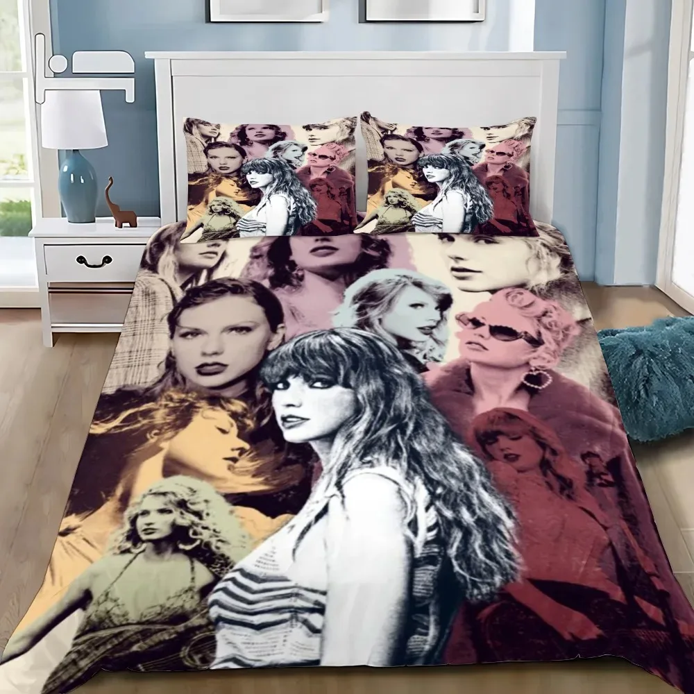 Parure de lit 3D imprimée Pop Star Femme Chanteuse Taylor Swift – Housse de couette et taies d'oreiller – Kit de lit Célébrité Star Célèbre