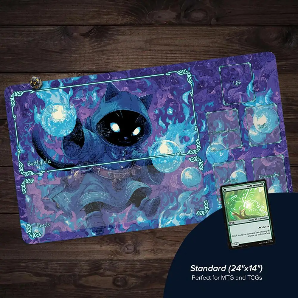 Blue Cloak Black Cat Wizard Design TCG Playmat Magic Card Battle Mat Non-Slip Stitched Edge Tapete Magic mat Tabletop Playmat