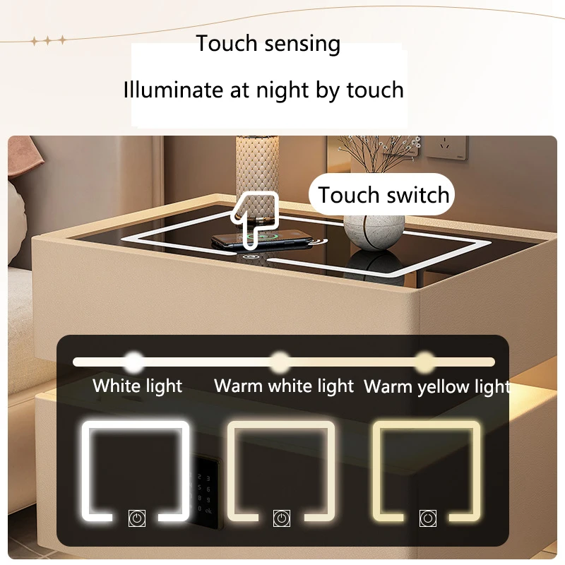 Inteligente mesa de cabeceira com senha de bloqueio, madeira maciça, armário de armazenamento, LED Light, carregamento sem fio, Quarto