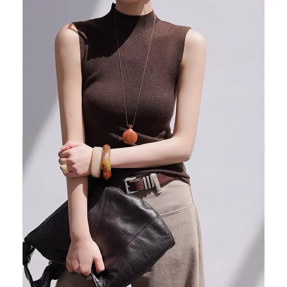 ファッション女性のベストニットタンクトップ春秋ノースリーブハーフタートルネックブラウスシャツ秋セータープルオーバー Tシャツ