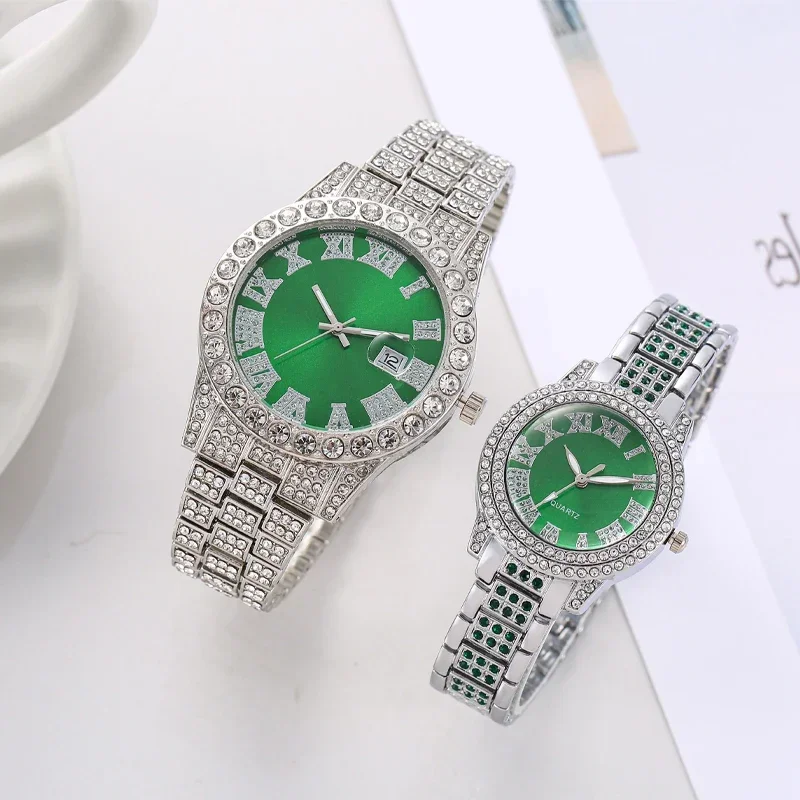 2pcs Full Diamond Roman Literal Steel Strip Women's Watch Starry Sky Business Quartz Watch Women's Watch