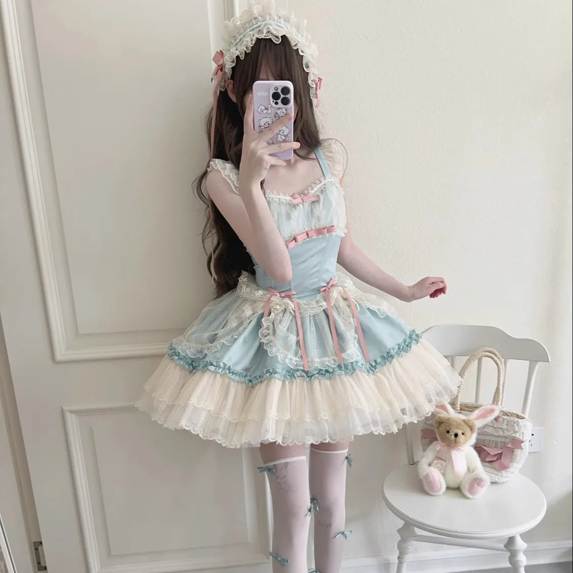 Original Design Lolita JSK Dress Spring Summer Sweet Girl Female Ballet Lace Tulle Patchwork Slim Short Mini Suspender Dress