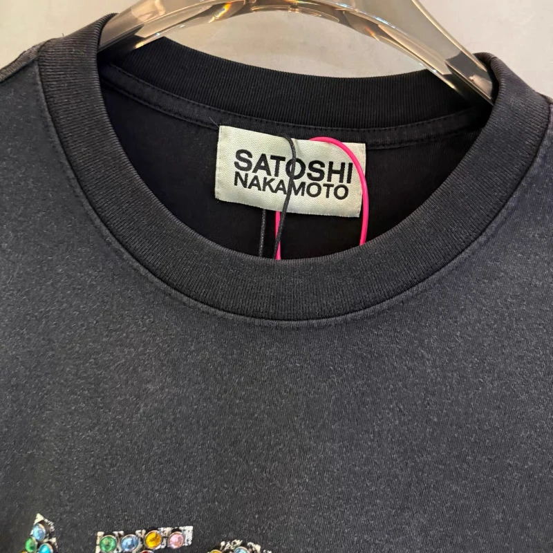 Colorful Studded Logo Satoshi Nakamoto Black T-Shirts Men Women High Quality Washed Retro Oversized T Shirt Tops Tees