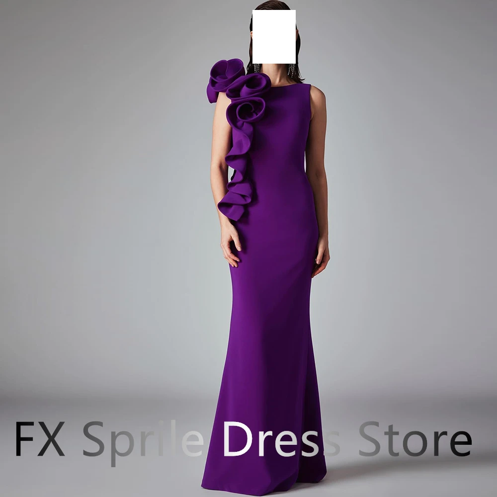 Exquisite Purple Jersey Straight Crew neck 3D Flowers Evening Dress Ankle Length Sleeveless Sweep Train Pleats  Zipper Back