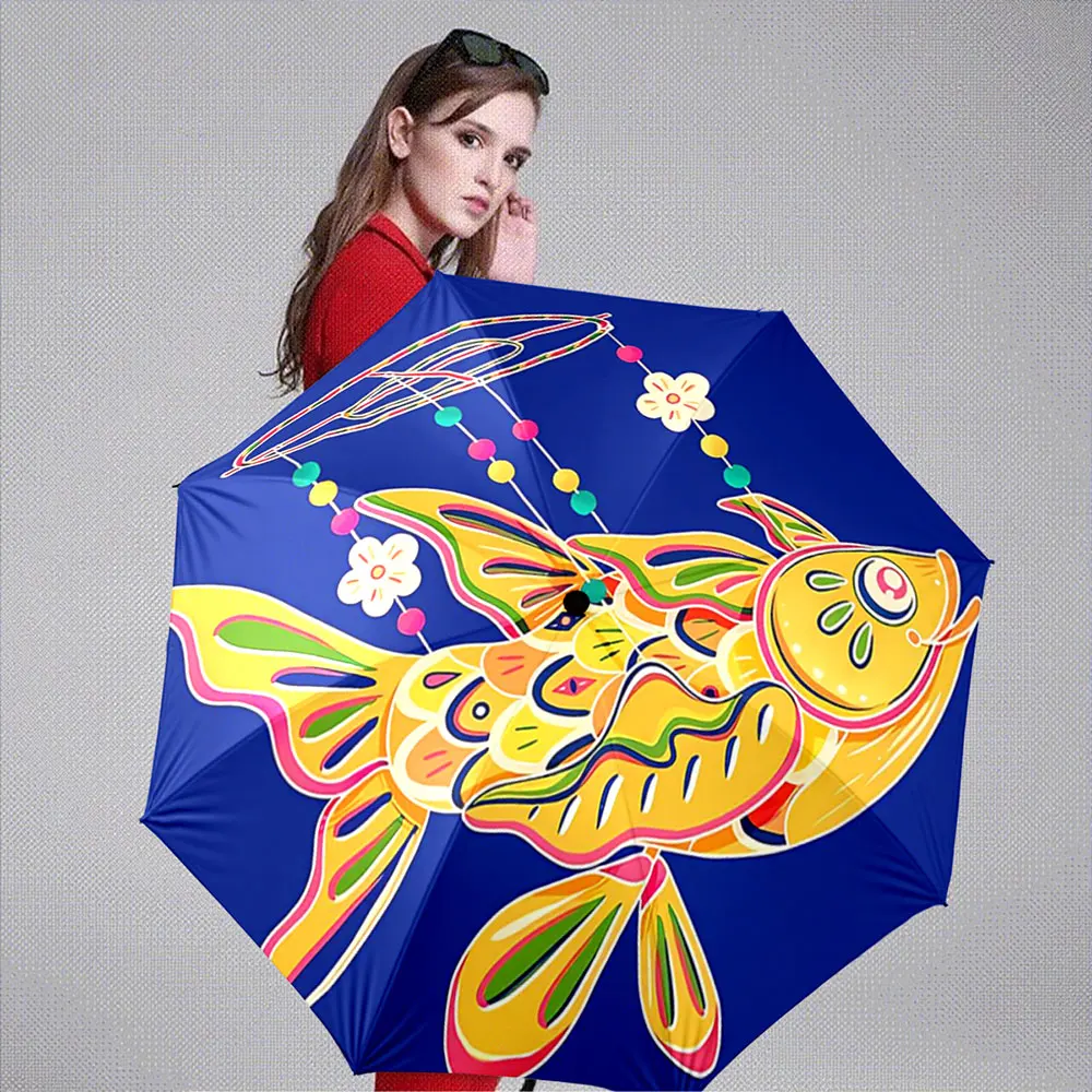 Colorful Fish Design with Floral and Beaded Accents on a Blue Background Portable Folding Umbrella,Gift for Family And Friends
