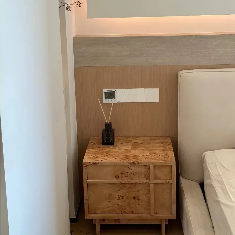 French retro design solid wood bedside table with tree knot leather surface retro style bedroom handmade locker