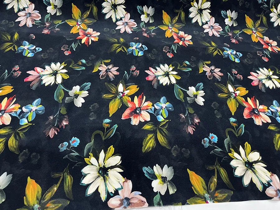 Designer Cloth 30 Momme Silk Stretch Heavy Crepe Fabric Black Background Hazy Pastoral Flowers Inkjet Silk Fabric Dress