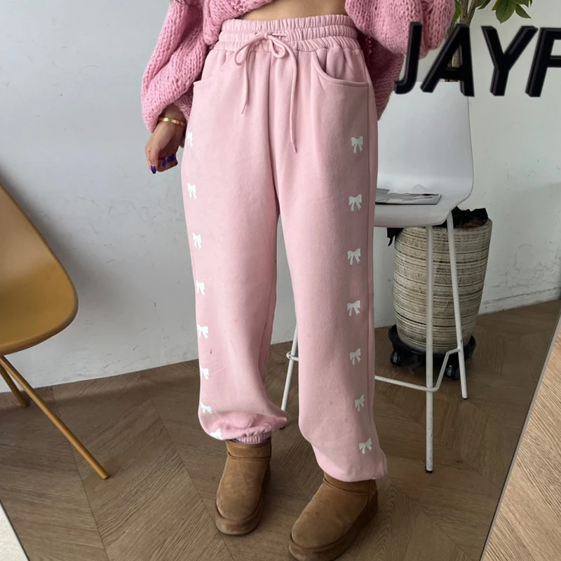 South korea Chic Autumn and Winter New Sweet Elastic High Waist Bow Print Design Wide Leg Casual Pants Trousers Women