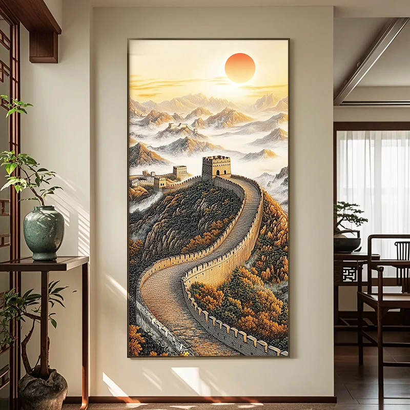 The Great Wall of China; a new Chinese-style painting of a gate; a painting of the sun rising in the east to hang in the corrido